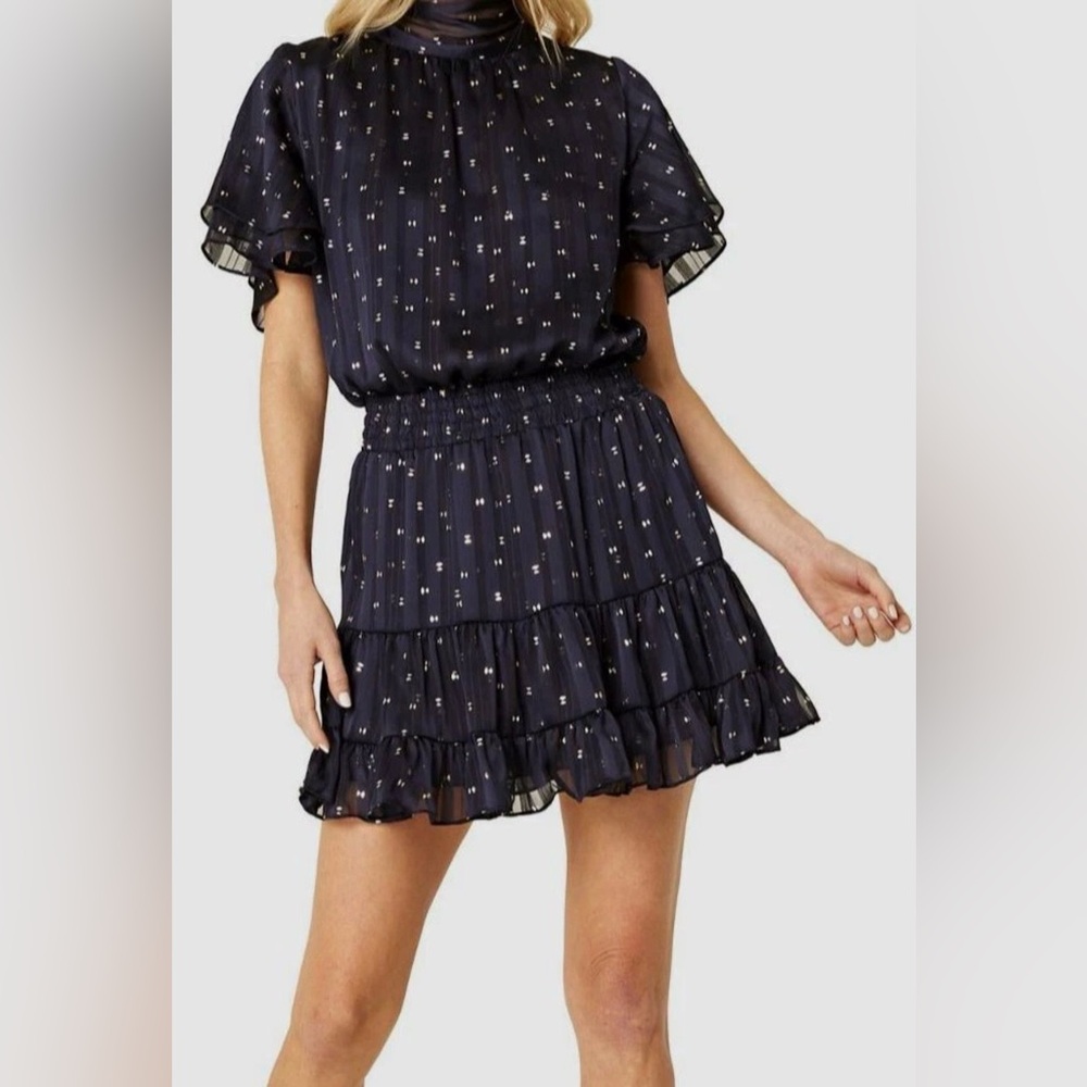 Misa Los Angeles Women's Blue Metallic Dot Smocked Mock Neck Mini Dress Sz Small